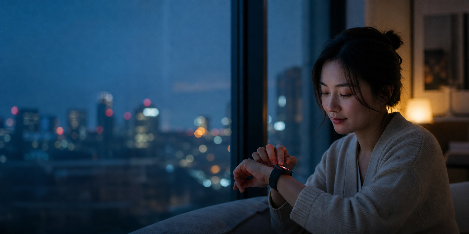 一位恋人在蓝调夜色的窗边，低头感受手腕上的轻触